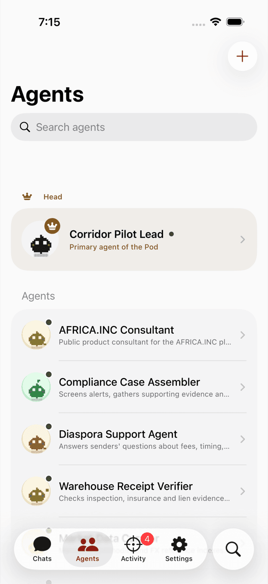 Snaga iOS agents list: Corridor Pilot Lead under a crown, then Remittance Route Analyst, Compliance Case Assembler and other specialists.