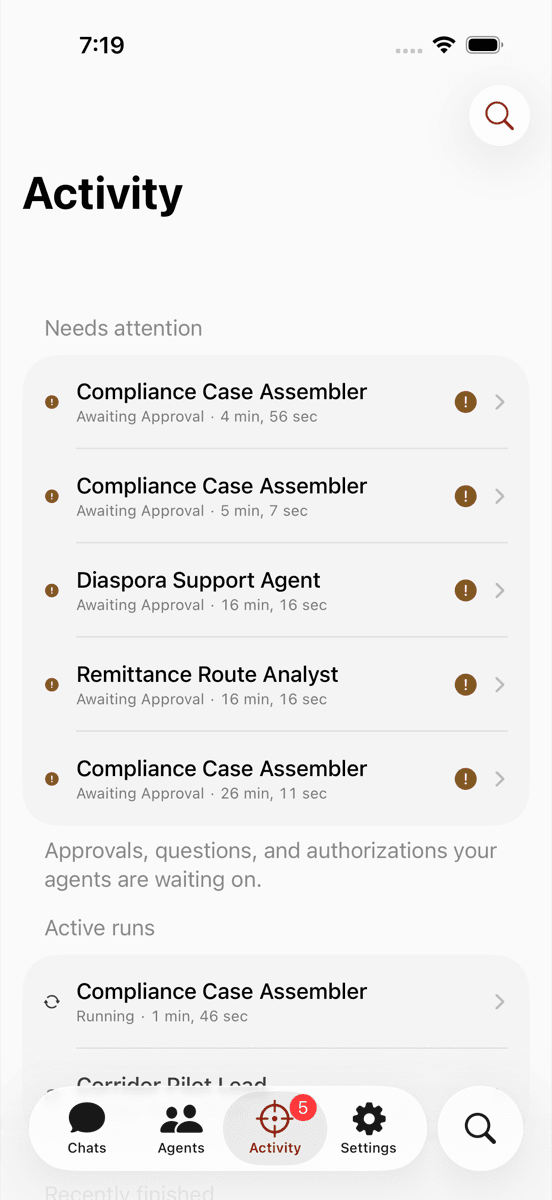 Snaga iOS, Activity tab: five runs held on the approval gate across three agents of the Corridor Pilot Team, each awaiting a human decision.